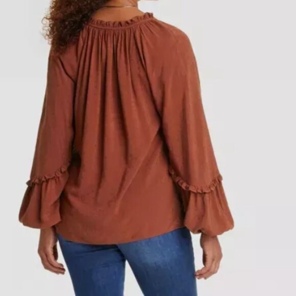 Knox Rose Womens L Brown Peasant Blouse V Neck Tassel Long Sleeve Boho Raglan. - Picture 2 of 8